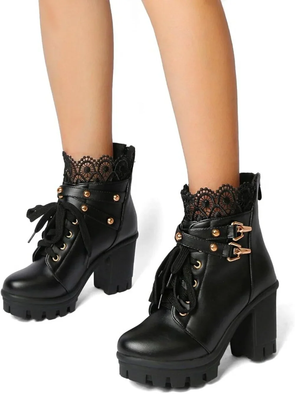 Women's Black Microfiber High Chunky Heel Lace Buckle Combat Ankle Booties